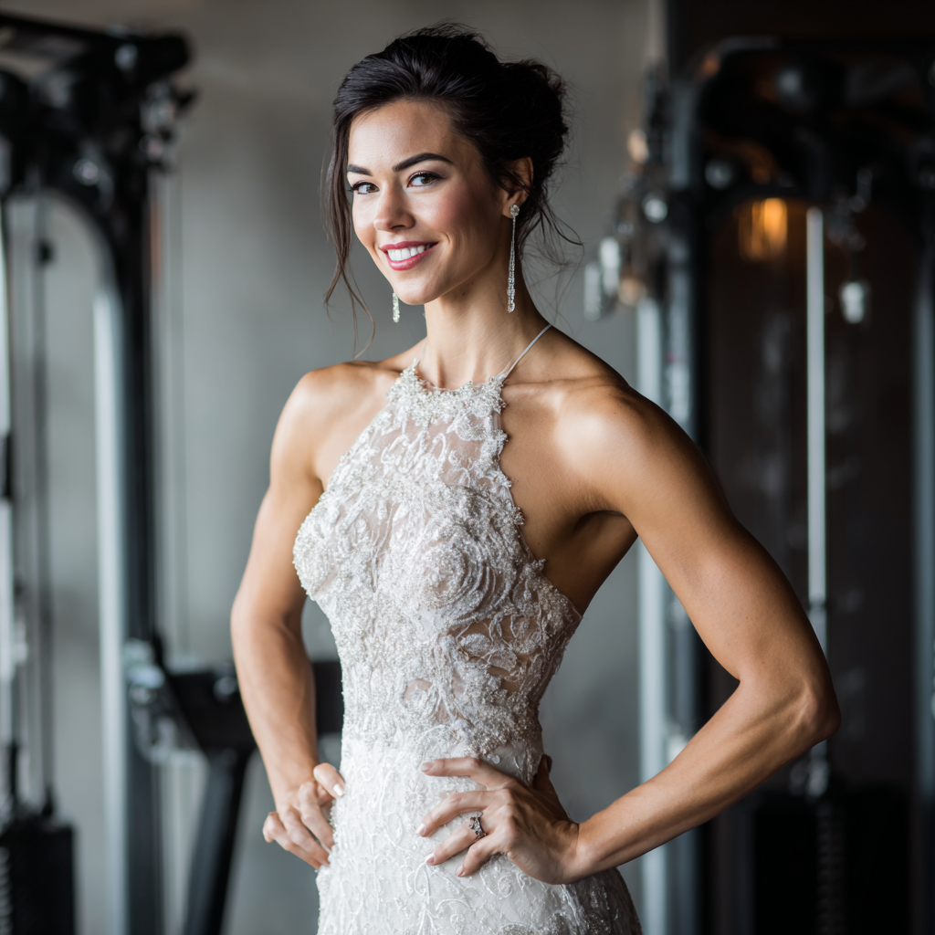 Bridal physique transformation showing improved waist definition and muscle tone achieved through structured training and nutrition.